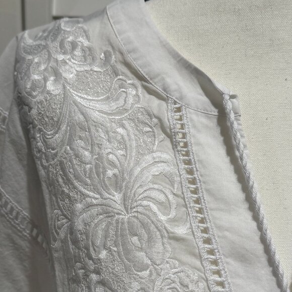 Chico’s White Sheer Embroidered Tunic Blouse Size 3 (16/18) Tassel Tie Beach Cov - Picture 4 of 9